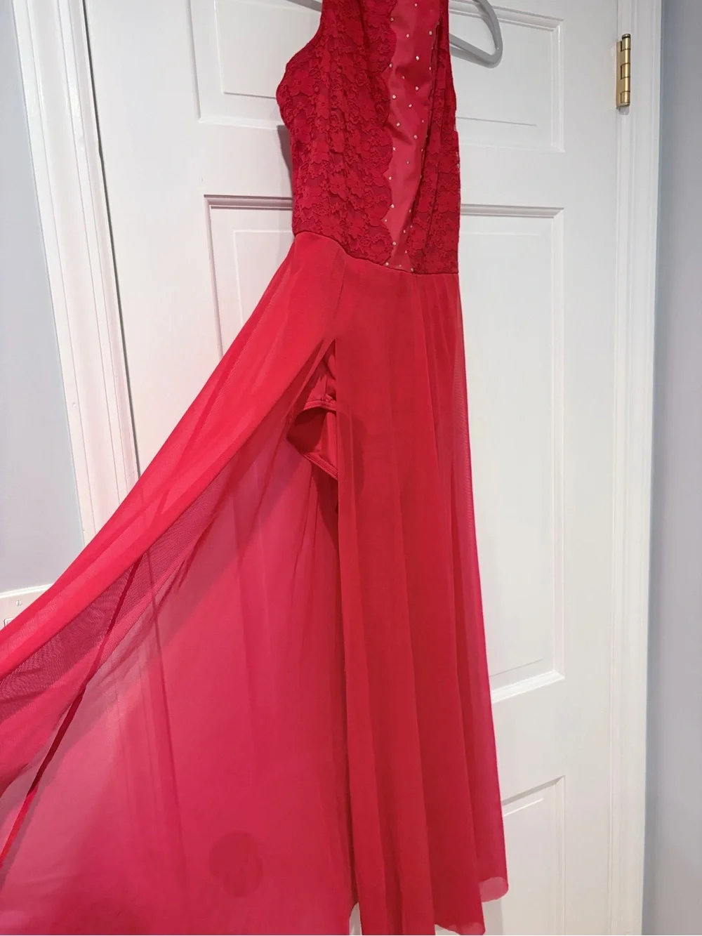 Weissman Lace Plunge Maxi Dance Dress – Red – Adult Medium MA – Style 17727